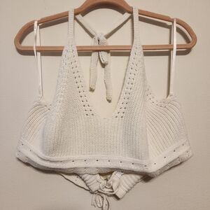 bp White Crochet Knit Halter Crop Top